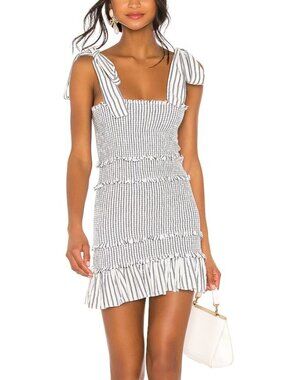 LoveShackFancy Belle Striped Cotton Smocked Mini Dress Blue White XS